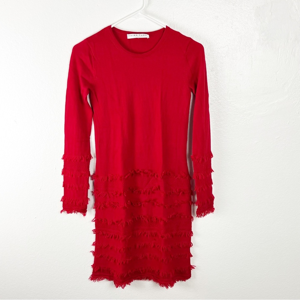 TRINA TURK 100% Merino Wool Sass Fringe Long Sleeves Sweater Dress, Size XS